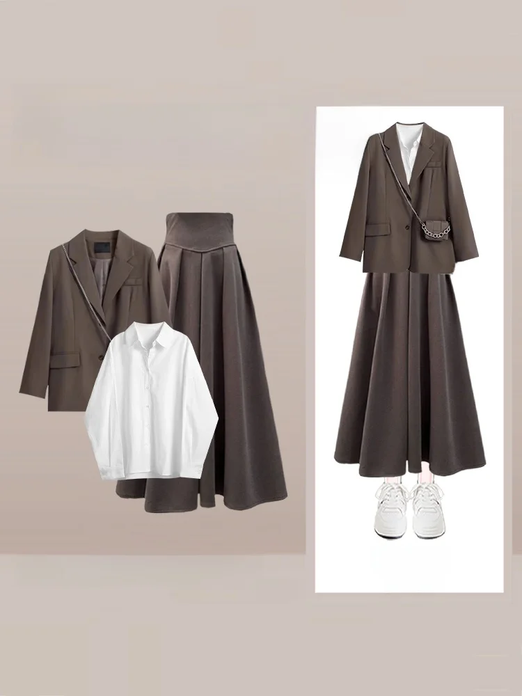 

Женский костюм-футболка карамельного цвета, зимний комплект Faion с блузкой и юбкой, длинный отложной воротник с высокой талией