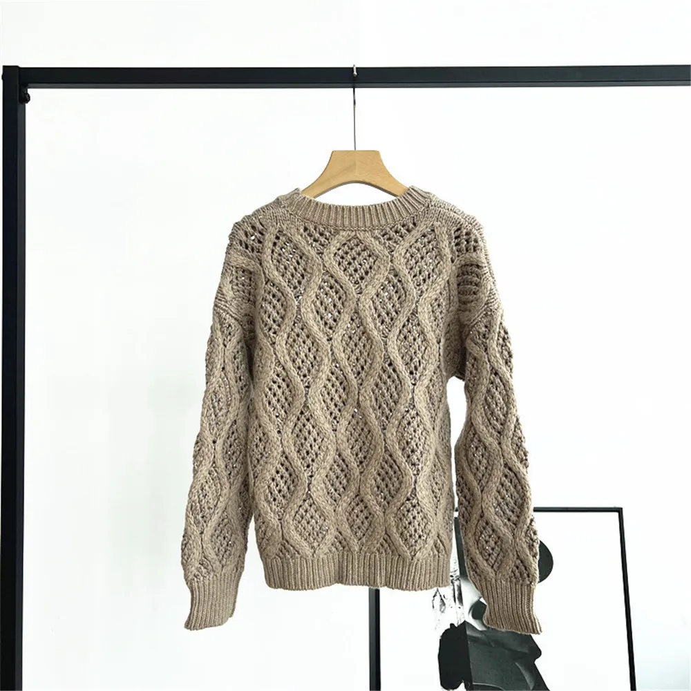 Women's 25 Autumn/winter Pullover Round Neck Long Sleeved Diamond Shaped Hollow Sequin Loose Cashmere Thick Knit Sweater