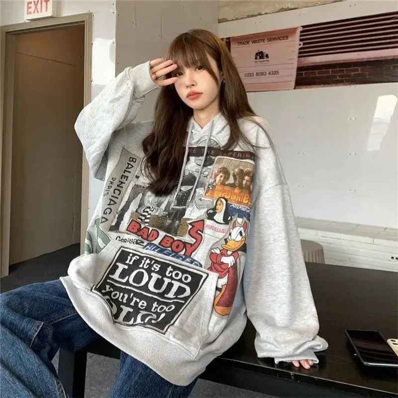 

Oversize American retro sweatshirt women trendy ins 300 pounds large size spring and autumn fat mm lazy bf style loose jacket