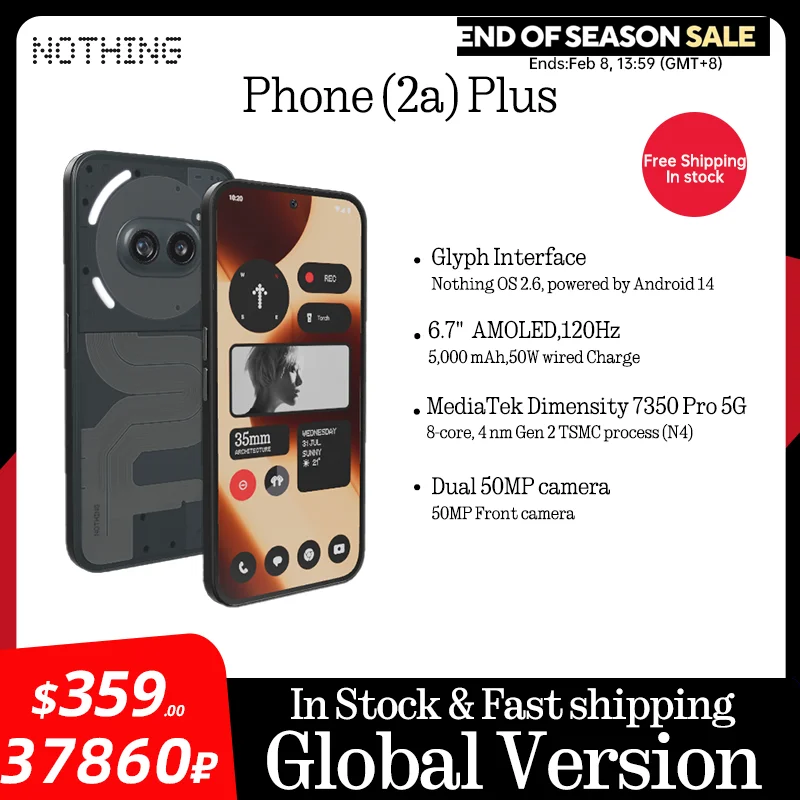 Global Version Nothing Phone(2a) Plus  6.7” AMOLED display 120Hz MTk Dimensity 7350 Pro Dual 50MP Camera Battery 5,000 mAh 45W P