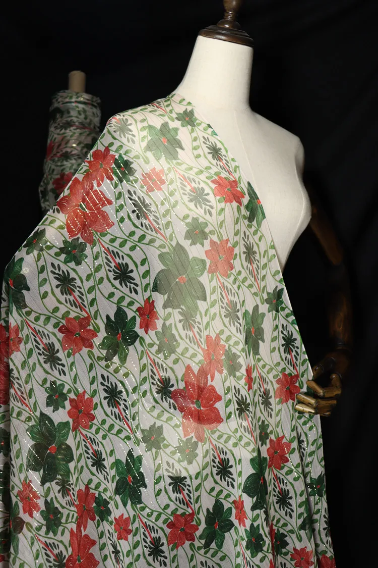 Striped Floral Silk Fabric with Gold Thread - Designer-Grade Mulberry Silk for Shirts, Dresses & Apparel