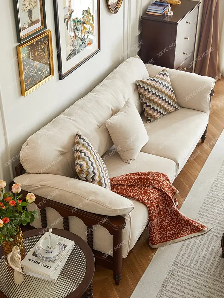 Vintage Solid Wood Sofa Southeast Asian Style Fabric Sofa Three-Seater Combination Small Beauty Style Natural Wood Furniture