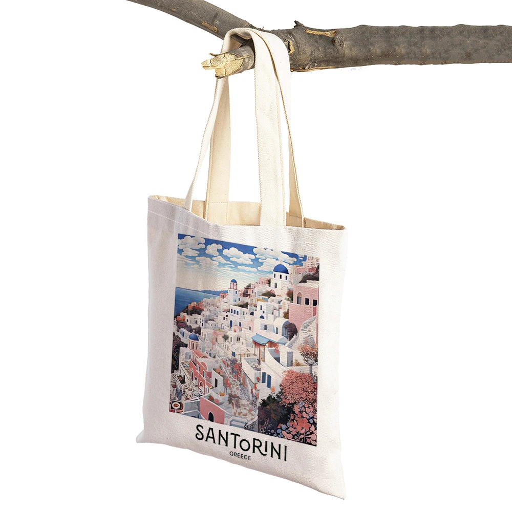 Vintage Lemon Landscape Shopper Bag Prague London Santorini Women Shopping Bags Double Print Linen Handbags Shoulder Lady Tote