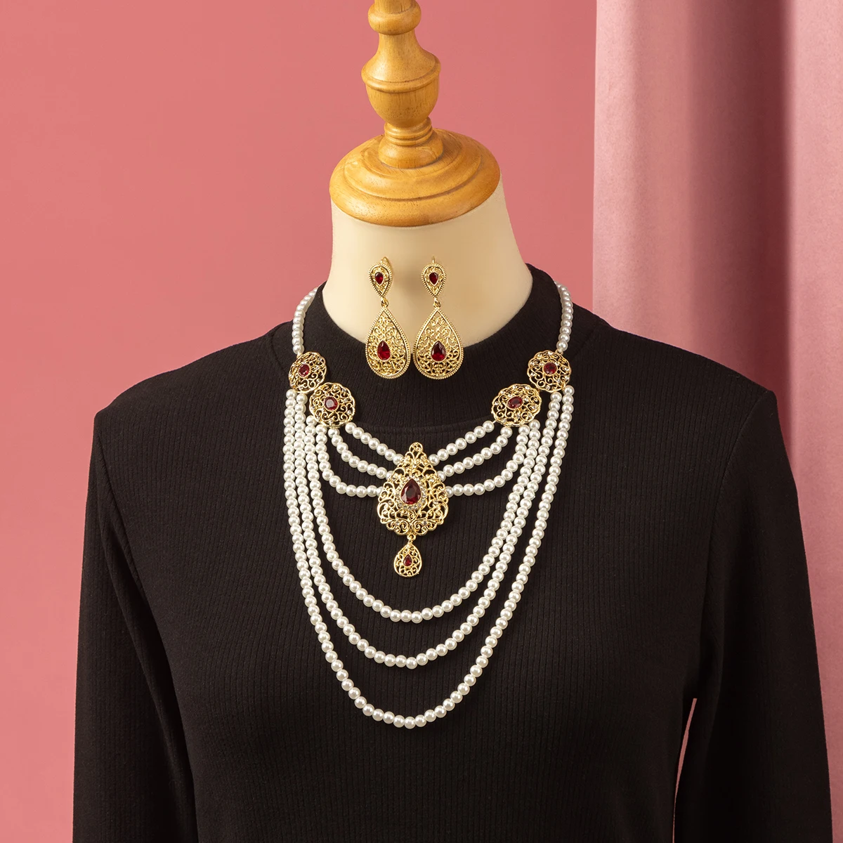 

Middle Eastern Bridal Jewelry Set, Multi-Layer Gold-Plated Zinc Alloy Drop Pendant Necklace Earrings For Wedding & Party