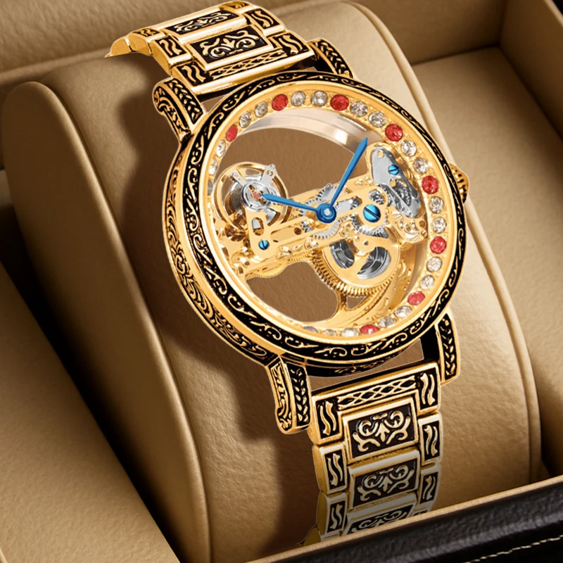 

Мужские роскошные автоматические механические часы в деловом стиле со стальным ремешком черного и золотого цвета с летающим турбийоном.