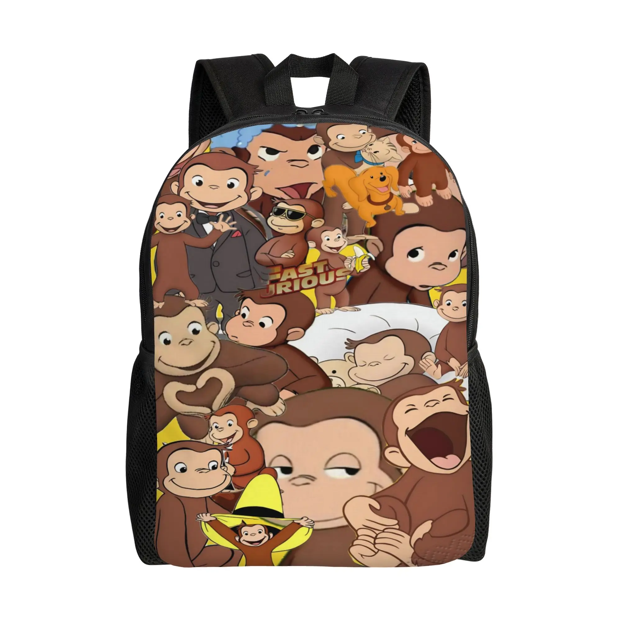 Retro Manga Curious George Character Backpack  Boy Girl Polyester Travel Backpacks Soft Casual High School Bags Rucksack