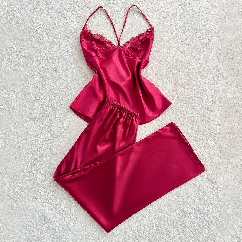 

Сексуальное интимное нижнее белье, пижамный комплект, лоскутное кружево, брюки на подтяжках, пижамный костюм, домашняя одежда, новая летняя домашняя одежда из ледяного шелка, пижама