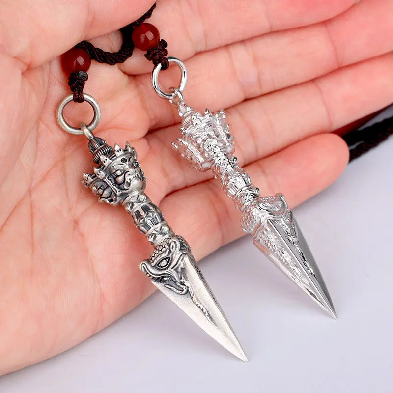 Silver Buddhist Vajra Phurba Pendant Wrathful Deity Design Necklace Charm for Men and Women, Decorative Charm for Personal Wear