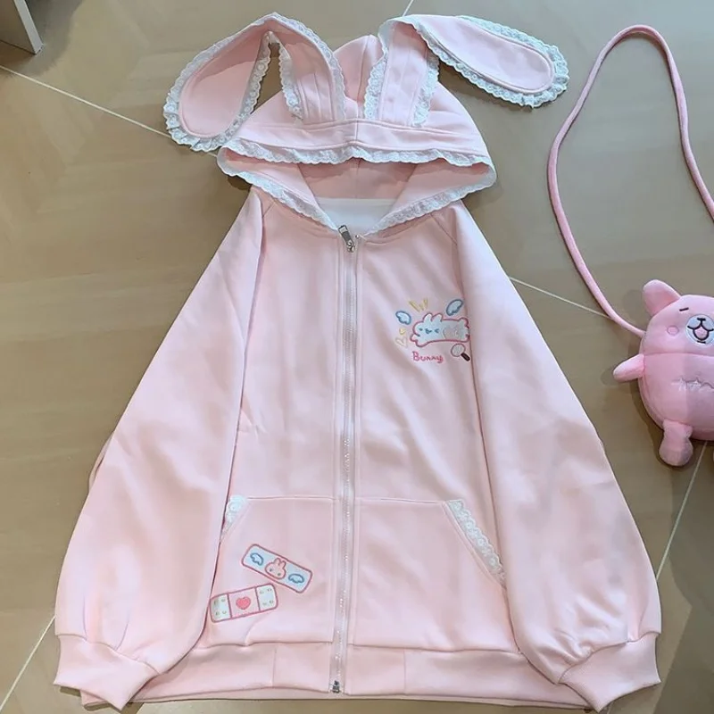 

Sweet Cute Cartoon Embroidery Rabbit Ears Hooded Coats Japanese Style Kawaii Lolita Zipper Jackets Autumn Women Y2k Sweatshirts