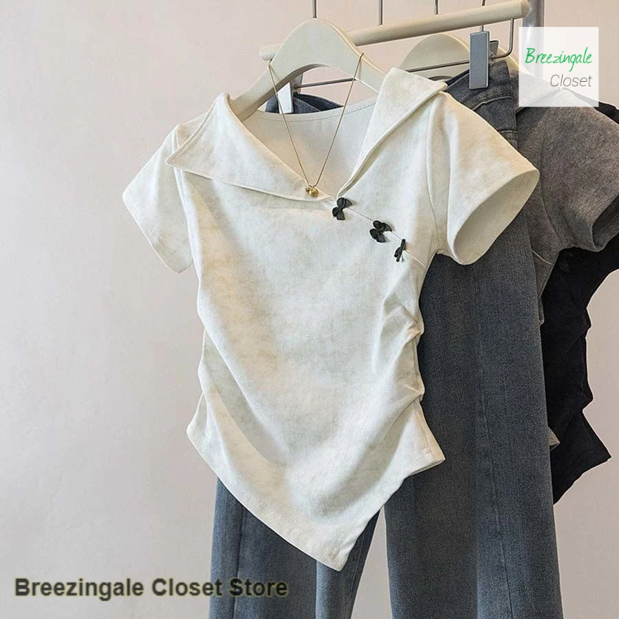

French spice girl T-shirt tie-dyed lapel short T-shirt female summer new fashion design irregular bow slim shoulder casual shirt