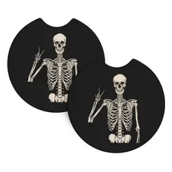 Black Skull Shape Coasters, Universal Non-Slip Car Cup Holder Coasters 2.7 Inch, Rubber Backing Coasters with Finger Grooves