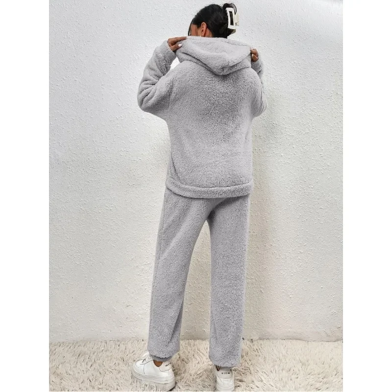 Elegant Long Sleeve Pocket Loose Hoodies Pants Suit 2024 Teddy Plush Outfits Homewear Autumn Winter Women Fleece Two Piece Set