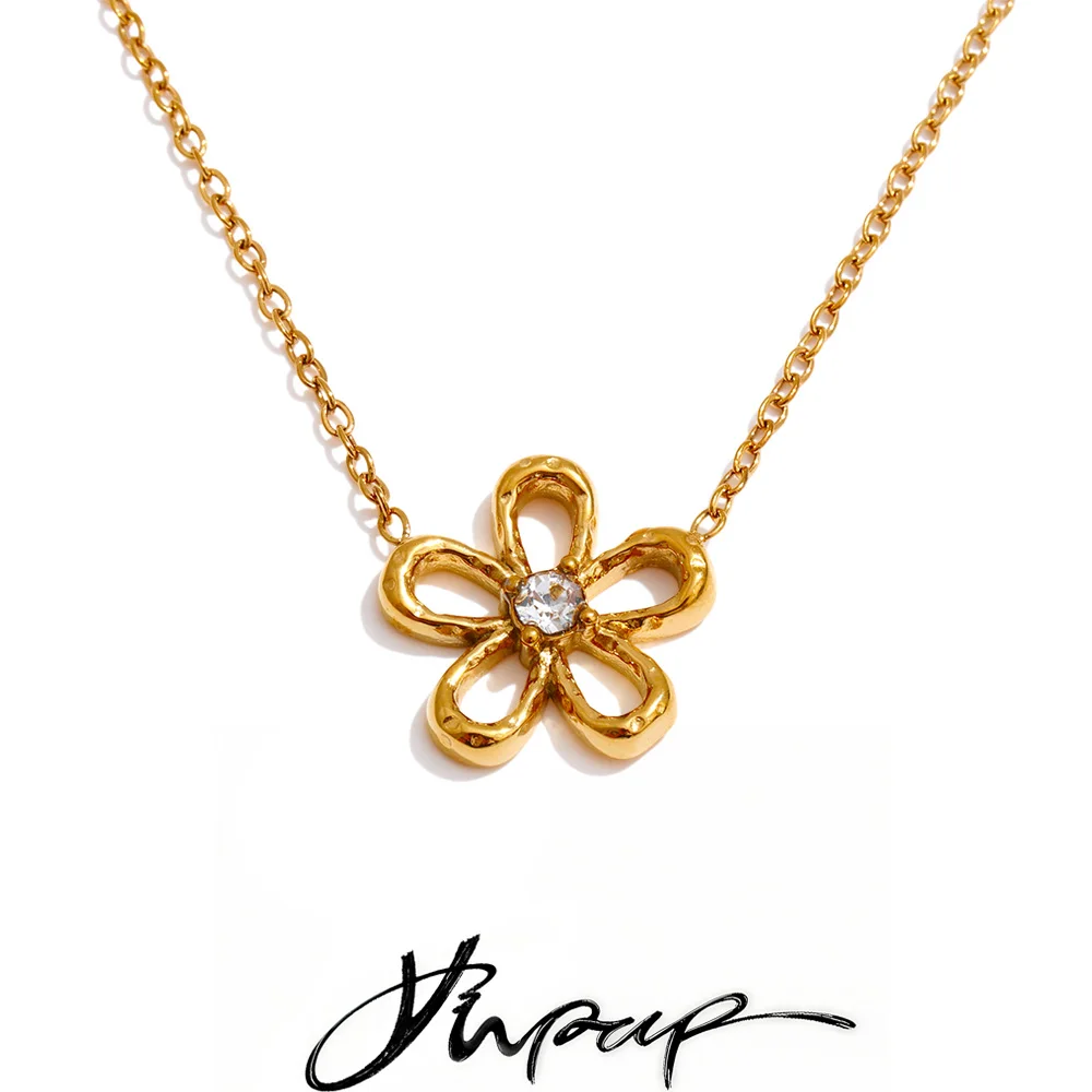 Yhpup Stainless Steel Flower Pendant Necklace Metal PVD Plated Golden Popular Collar Jewelry Waterproof
