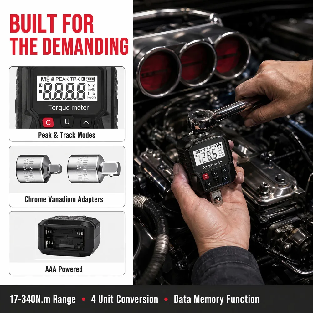 Digital Torque Wrench Adapter 17-340N.m With 1/4'' 3/8'' Precision Electronic Torque Tool Converter and Meter With LCD Display