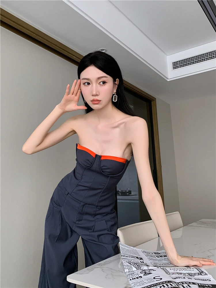 CHEERART Summer 2 Piece Sets Women Outfit 2023 Grey Tube Top And Wide Leg Pants Runway High Fashion Designer Clothes