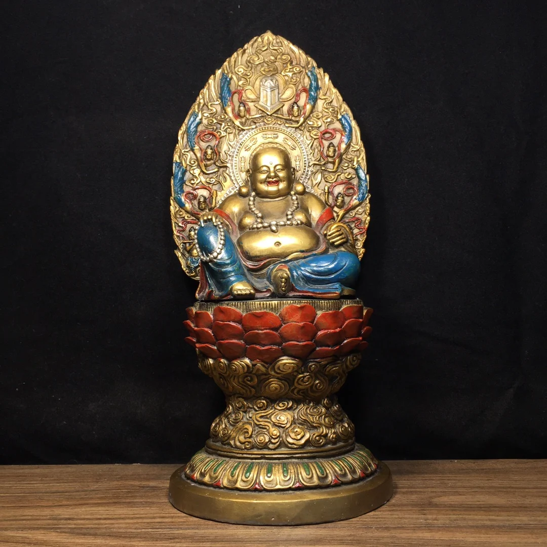 

15"Tibetan Temple Collection Old Bronze Painted Maitreya Buddha Backlit Buddha Platform Worship Hall Town house Exorcism