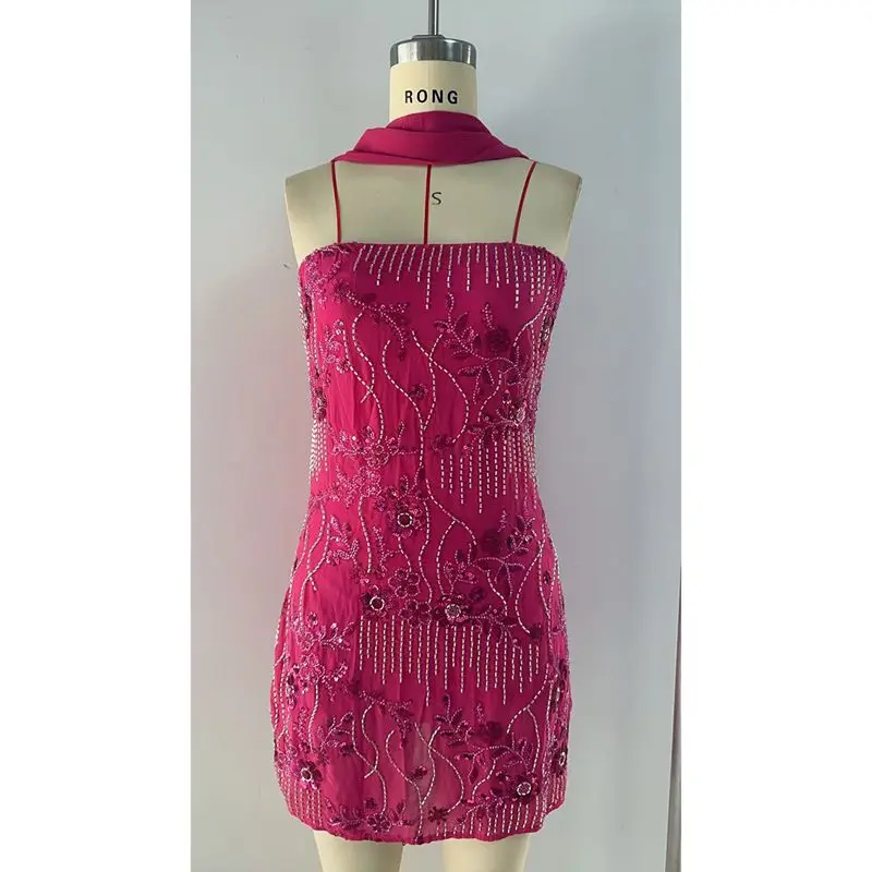 Combhasaki Women Luxury Strapless Summer Beading Glitter Sequins Floral Embroidery Backless Bodycon Short Tube Dress with Scarf