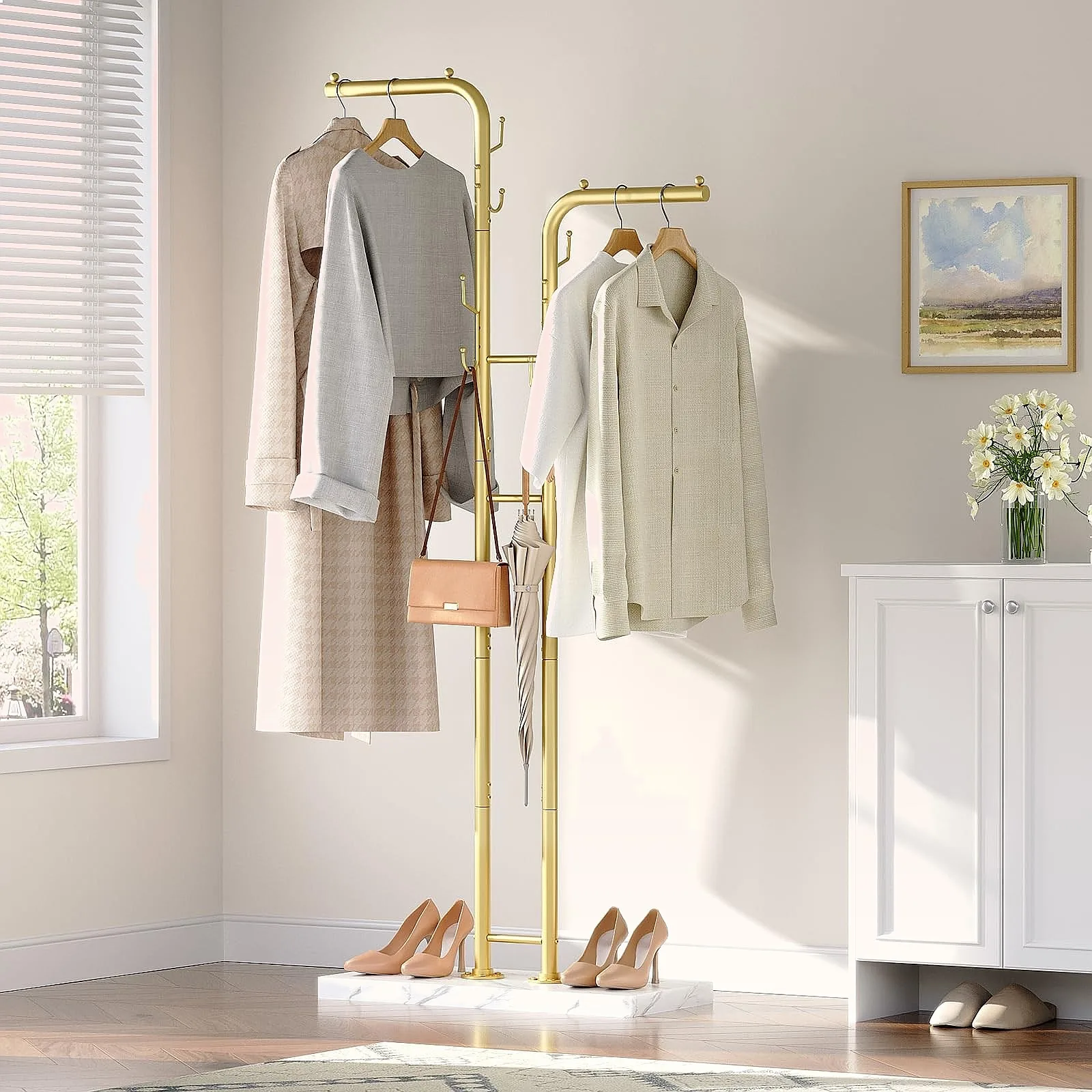 Gold Floor Standing Coat Hanger Stand with 8 Hooks, Entryway Coat Tree Rack