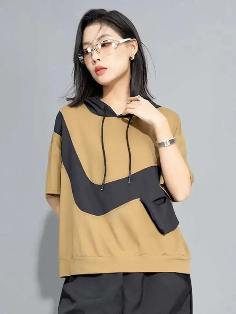 

Women Yellow Pocket Color-block Big Size Casual T-shirt New Hooded Short Sleeve Fashion Tide Spring Summer