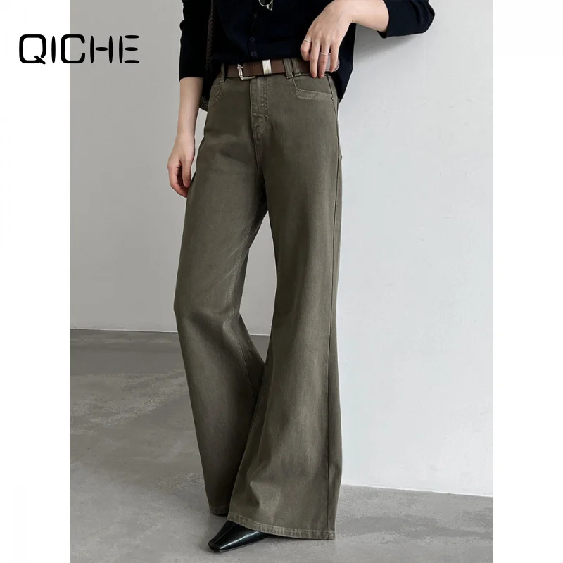 QICHE 2026 Women Classic Vintage Washed Fleece Lined High Waist Flare Denim Pants, Straight Wide Leg Fall Trousers