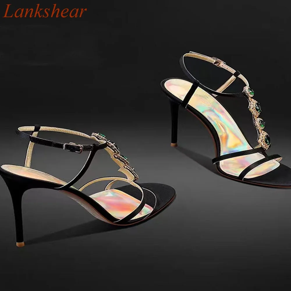 Round Toe Gemstone Women Sandals Shallow Fashion Stiletto Heels Buckle Strap Sexy Summer Slingback Women Shoes 2024 New Arrivals