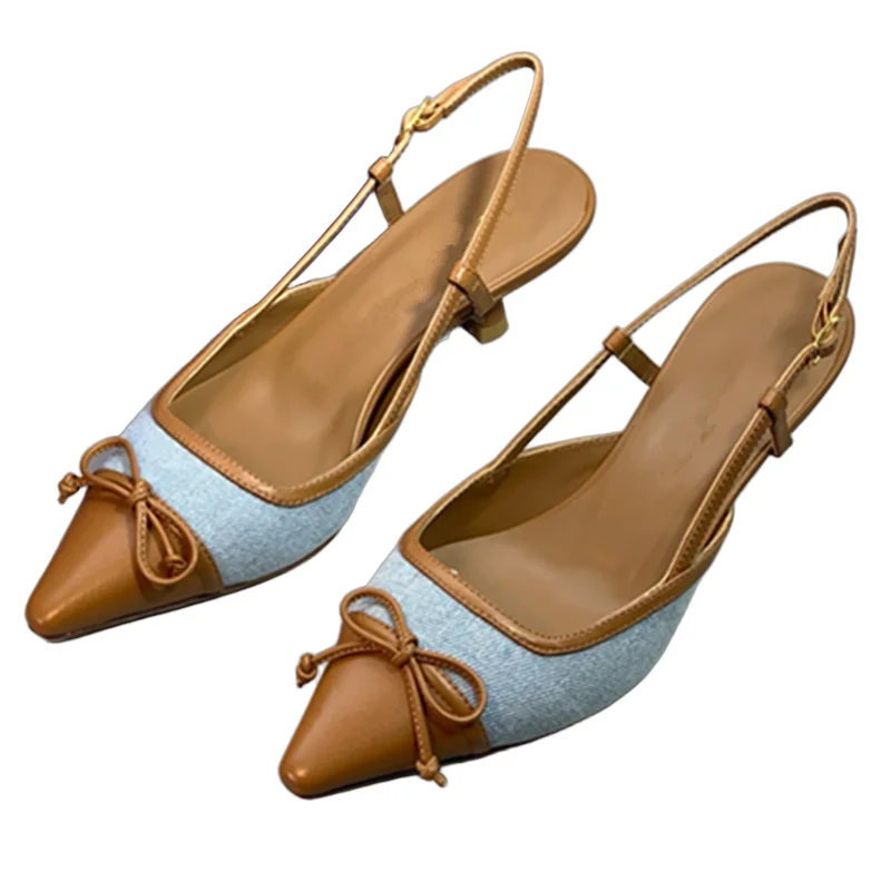 

Withered Minimalist Denim And Sheepskin Patchwork Stiletto Sandals Shoes Women French Fashion Office Ladies Genuine Leather Shoe