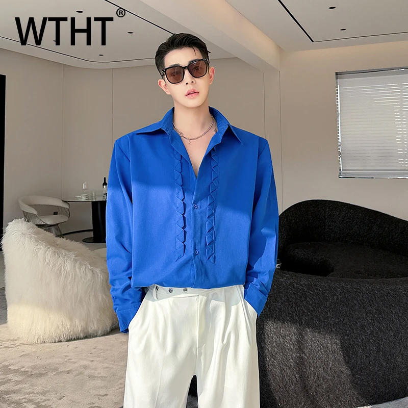 

WTHT Trendy 2025 Autumn Men‘s Solid Color Pleated Design Casua Shirts Fashion Long Sleeves Turn Down Collar Tops Male 2A1570