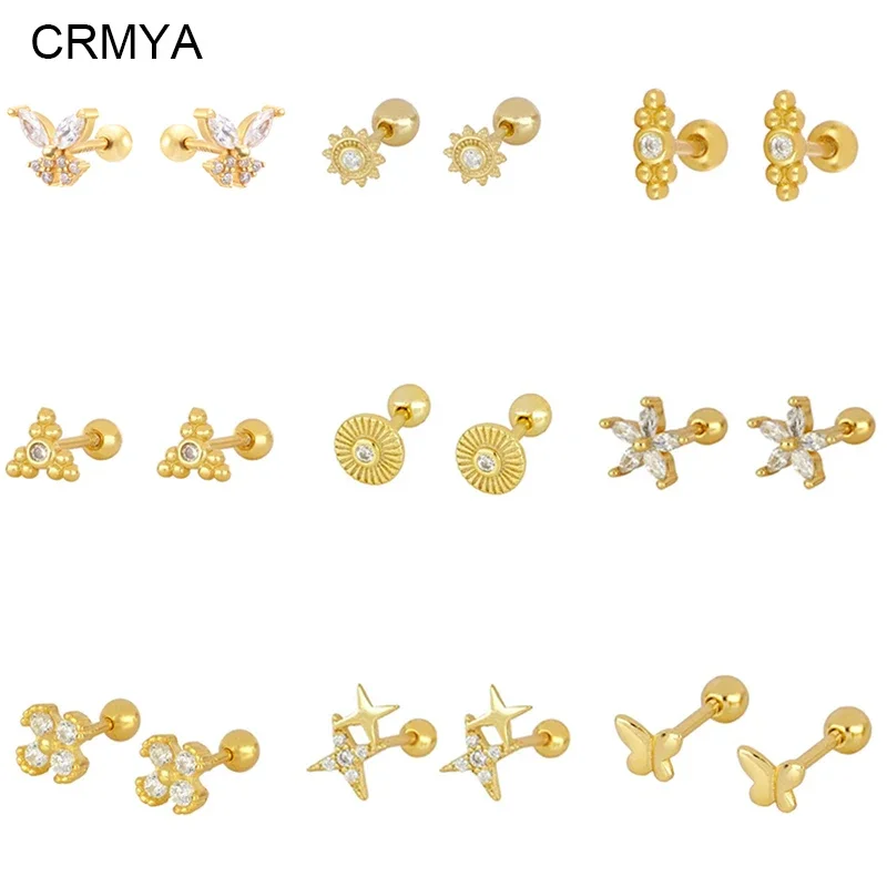 CRMYA Gold color Mini Stud Earrings For Women Cute CZ Zircon Threaded Piercing Women's Stud Earrings 2025 Jewelry Wholesale