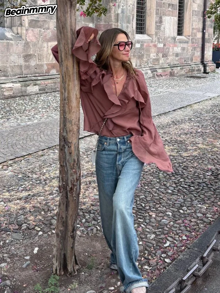 Chemisier à volants marron à lacets pour femmes, col en V élégant, chemises à manches longues, rue haute, mode printemps, 2025