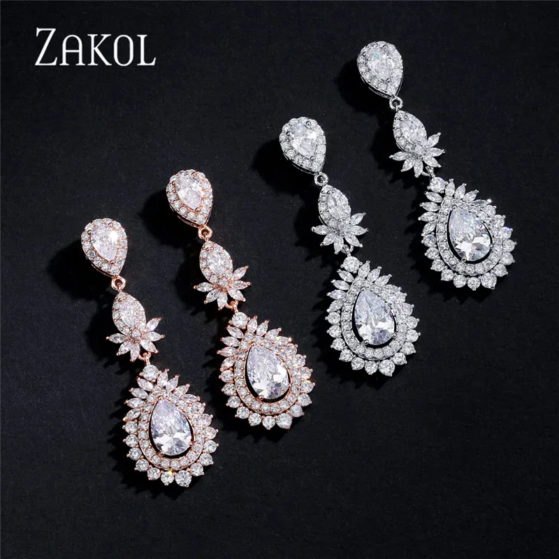 ZAKOL New Retro Style Shiny Big Water Drop Shape Cubic Zirconia Pendant Dangle Earrings Luxurious Women Bridal Jewelry FSEP5049