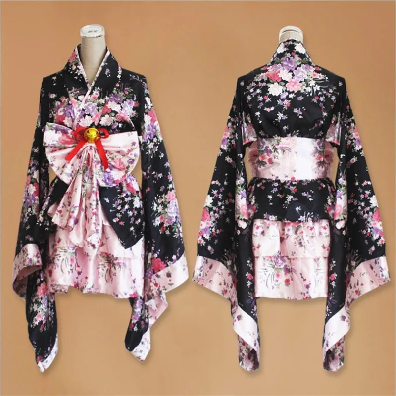 

Japan Style Women's Kimono Sakura Printed Lolita Pink Short Skirts Maid Anime Cosplay Costume Geisha Performing Fancy Dress