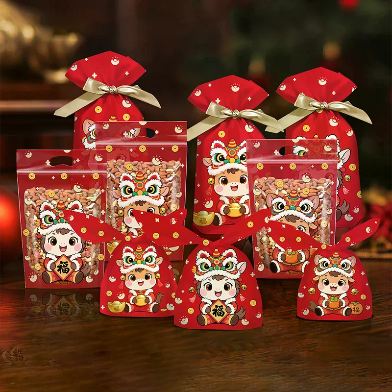 50/100pcs Year Of The Horse Bags With Drawstring Candy Gift Bags Snowflake Crisp Bag Chinese New Year Party Decoration