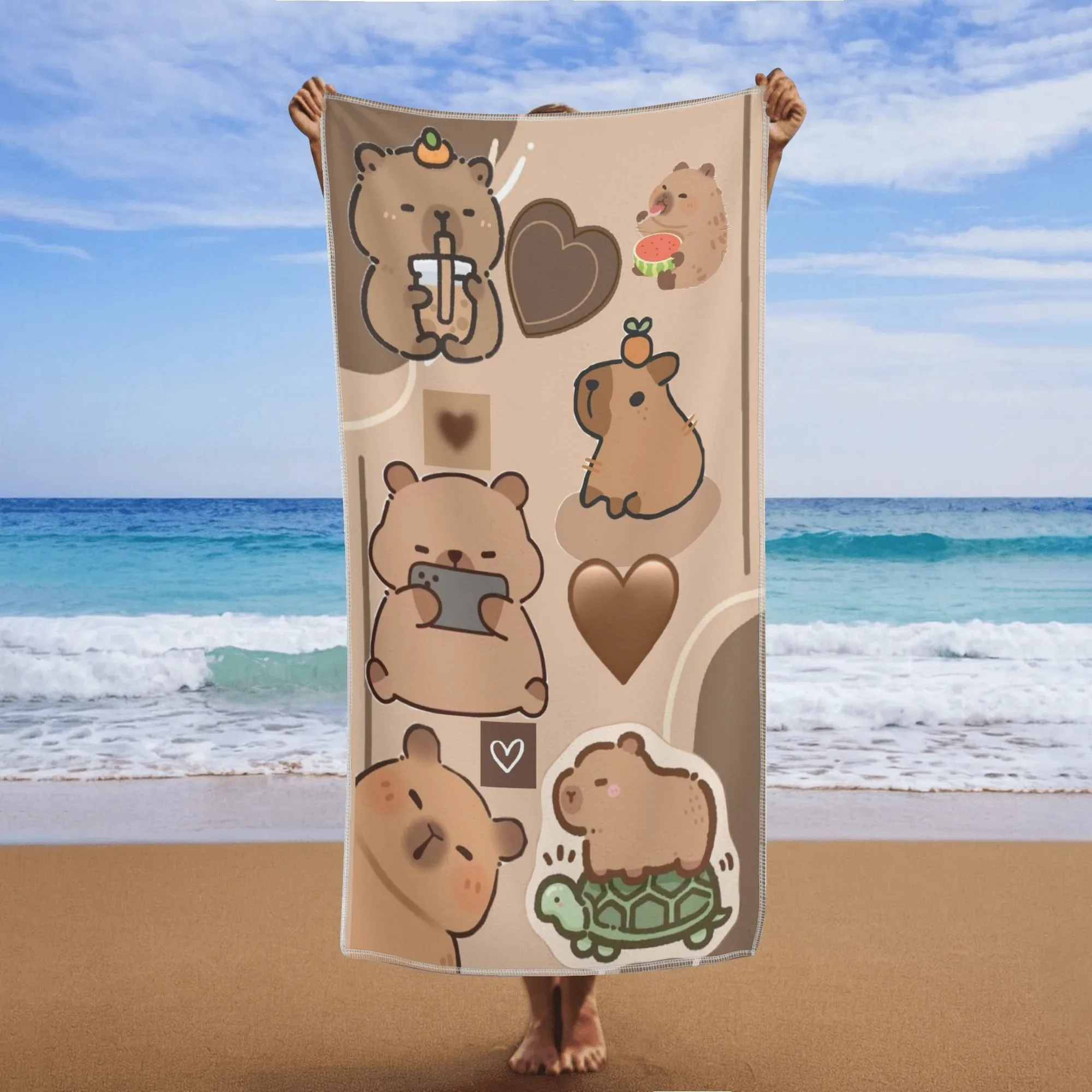 Capybara Cartoon Hearts Ice Glasses Beach Towel, Soft Quick-Dry Lightweight for Travel Swimming Camping