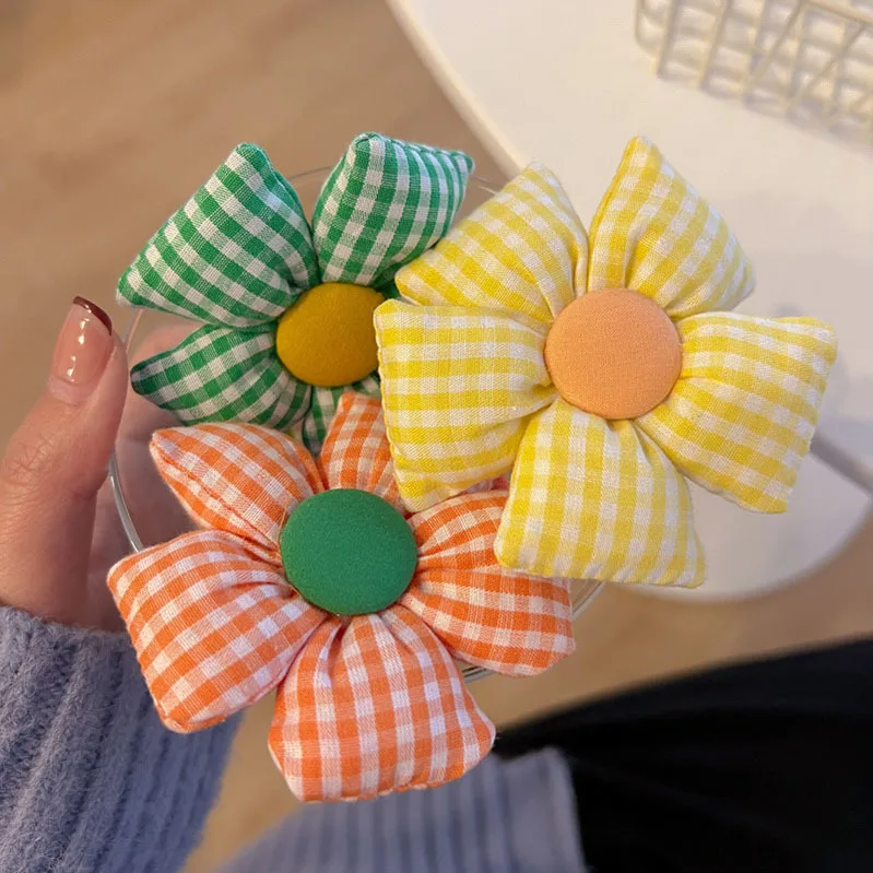 1 Piece Cute Plaid Fabric  Sunflower Hair Rope Baby High Elasticity Tied Hair Little Girl Hair Loop Rubber Band