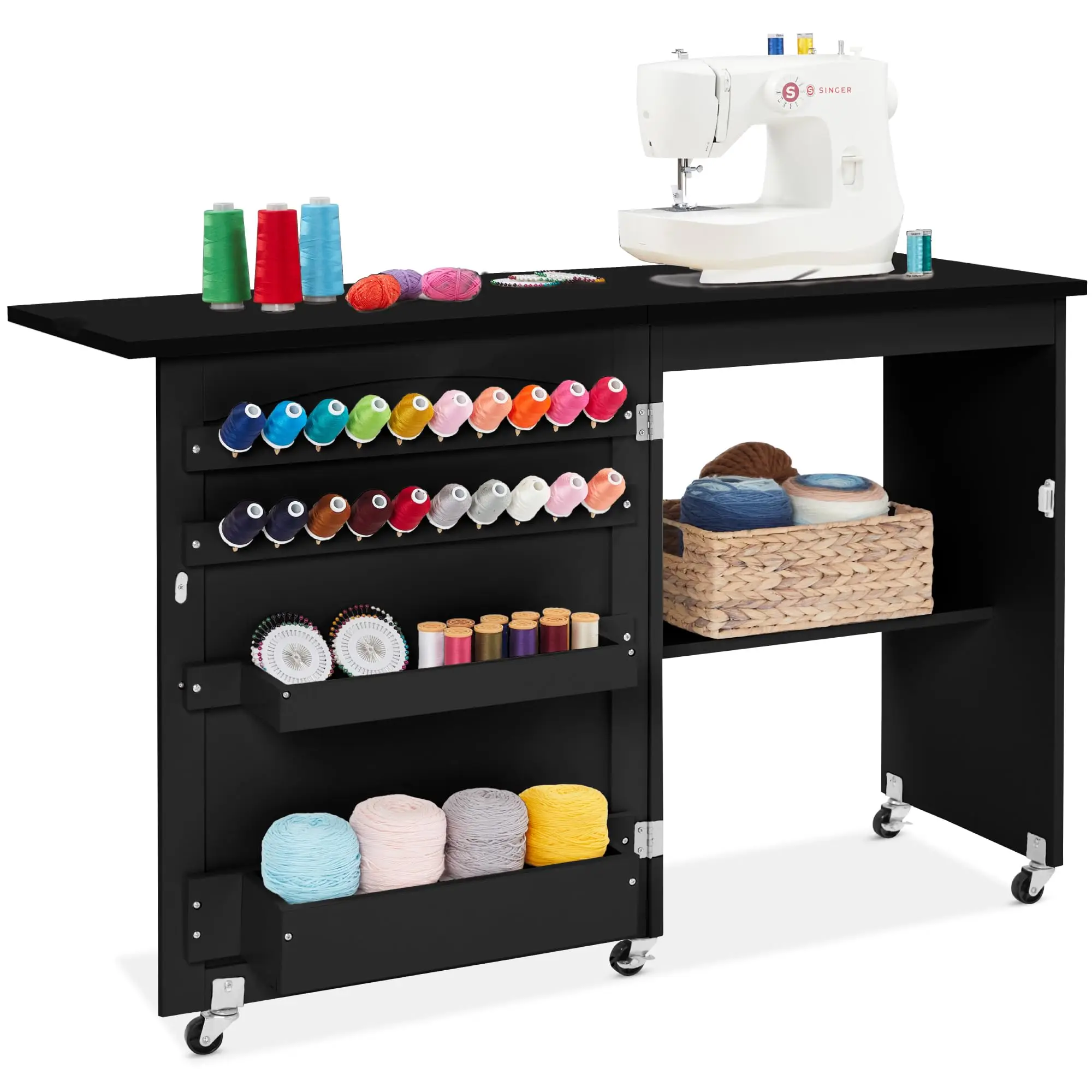 Folding Sewing Table Multipurpose Craft Station & Side Desk with Compact Design, Wheels, Shelves, Storage Trays, Pegs
