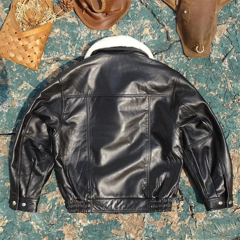 

ex Detachable Wool Collar Top Layer eepskin Genuine Leather Jaet Cotton Lined Expanded Outerwear Winter Coat