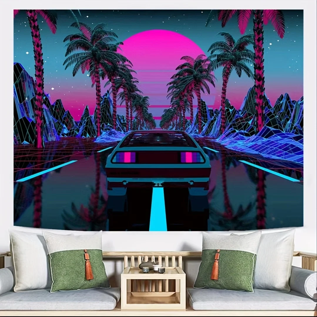 Synthwave Sonnenuntergang Wandteppich - Retro-Auto & Neon-Palmen-Kunst, Cyberpunk Ästhetische Wanddekoration, 80er-Jahre-Flair Raumdekoration, Polyester