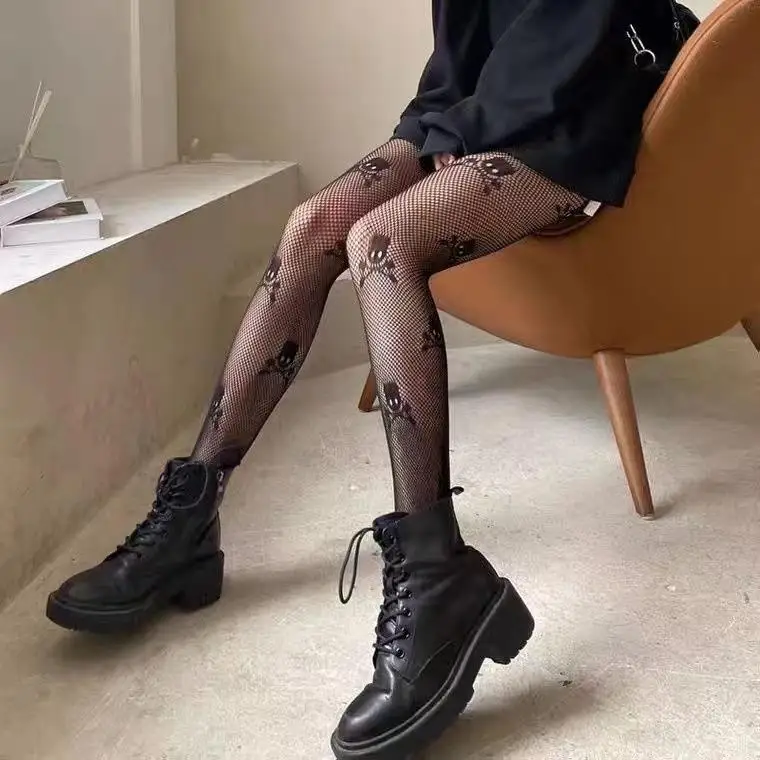 

Sexy Spider Halloween Skeleton Head Black Silk Pantyhose Women's Autumn Trendy Slimming Net Stockings Luxury Seamless Dangle