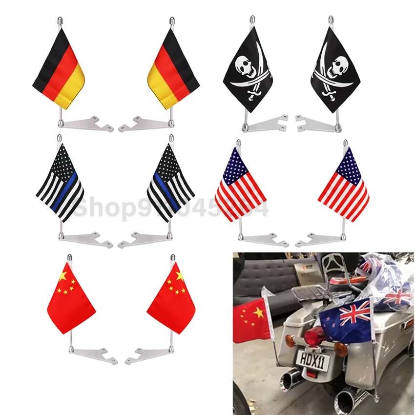 

Chrome Motorcycle USA America Flags Side Mount Luggage Flag Pole Universal For Harley Touring Road King Street Electra Glide