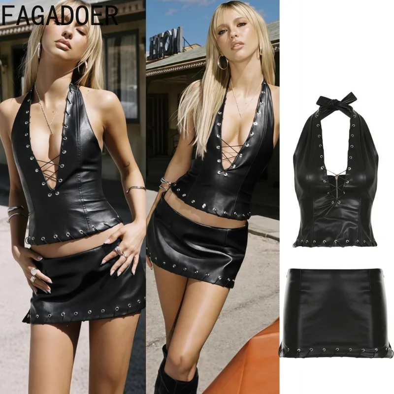 

FAGADOER Gothic Punk Sexy Leather Patchwork 2 Pieces Set for Woman Halter Sleeveless Backless Bandage Crop Top + Skirts Outfit