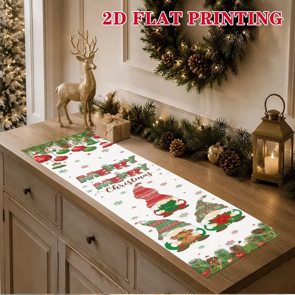 Linen Table Runner Blue Gnomes Pair Snowflake Off White Plaid Christmas Table Decoration  Kitchen Dining