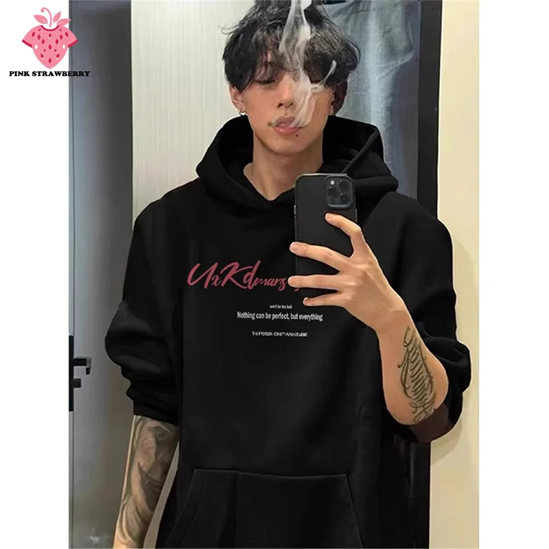 

American Retro Plush Hoodie Men Autumn Winter 2025 New Black Cotton Oversize Long sleeves Coat Pullover Y2K Tops Mens clothing