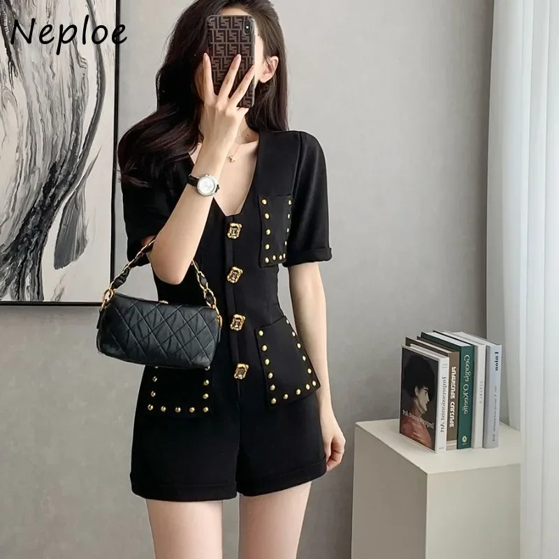 NMZM black V-neck short sleeved jumpsuit women's 2024 summer new slim fit shorts high waist loose wide leg shorts