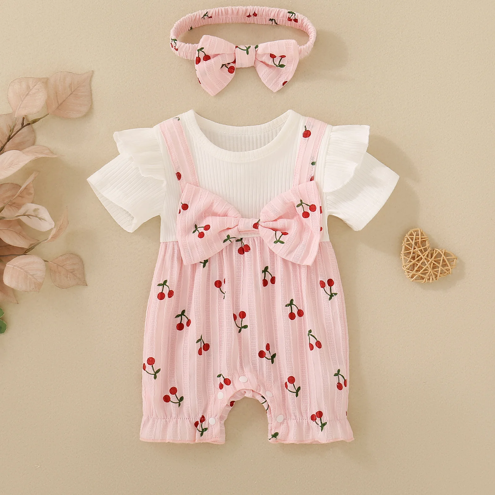Summer female infant short-sleeved cherry print jumpsuit strap short climbing suit and headscarf two-piece set sweet and cute