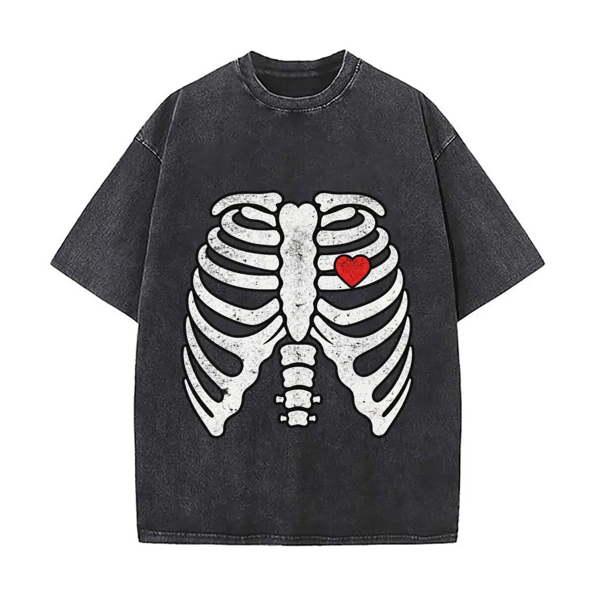 Distressed Skeleton Rib Cage Red Heart Halloween Graphic Vintage Distressed Loose Streetwear Tops