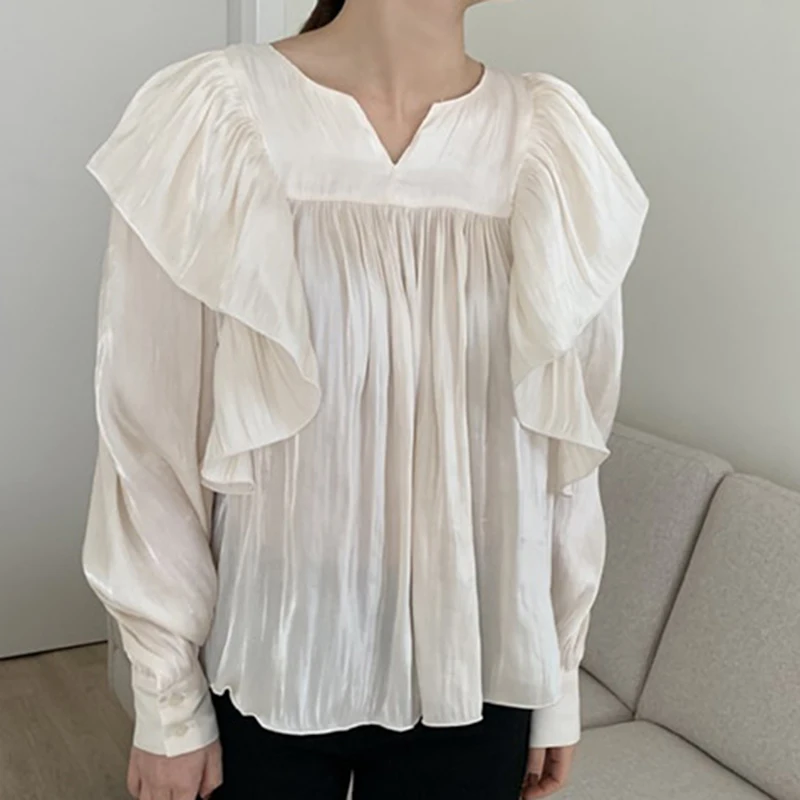 Chic Ruffled Edge Pleated Loose Shirt for Women Fashion Puff Long Sleeve Women Blouse Tops Solid Vintage Elegant Blouses New 201