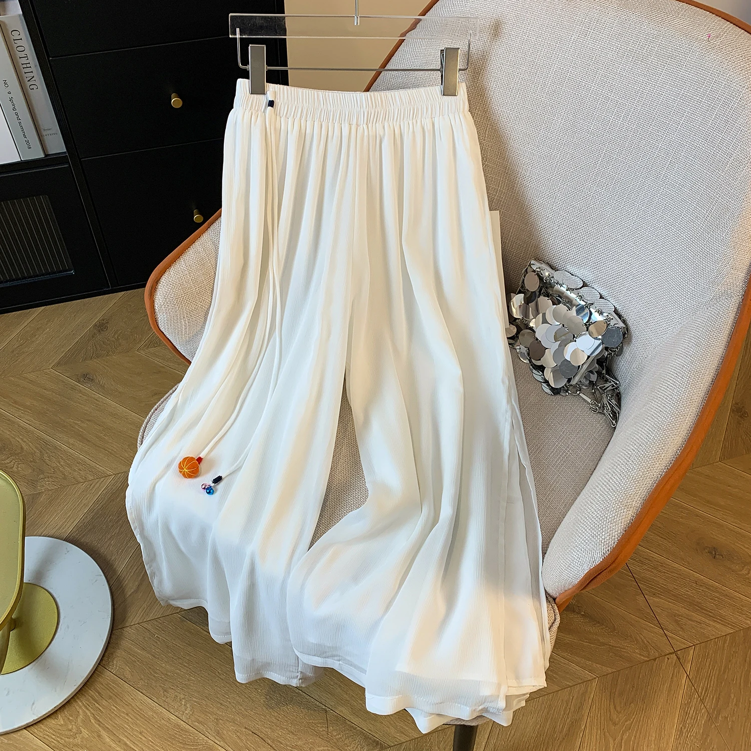 

Шифоновые брюки с боковым разрезом и широкими штанинами, женские, тонкие, легкие, повседневные, струящиеся, с высокой талией, осенние, с декором в виде тыквы, Qipao Boting Tro...