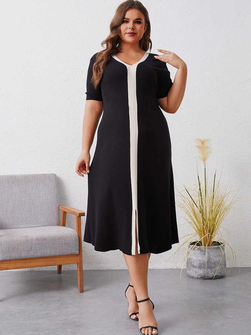 فستان نسائي قصير الأكمام محبوك ، فستان ماكسي ، أسود ، أبيض ، كوري ، أنيق ، طويل ، صيفي ، من من من الخارج