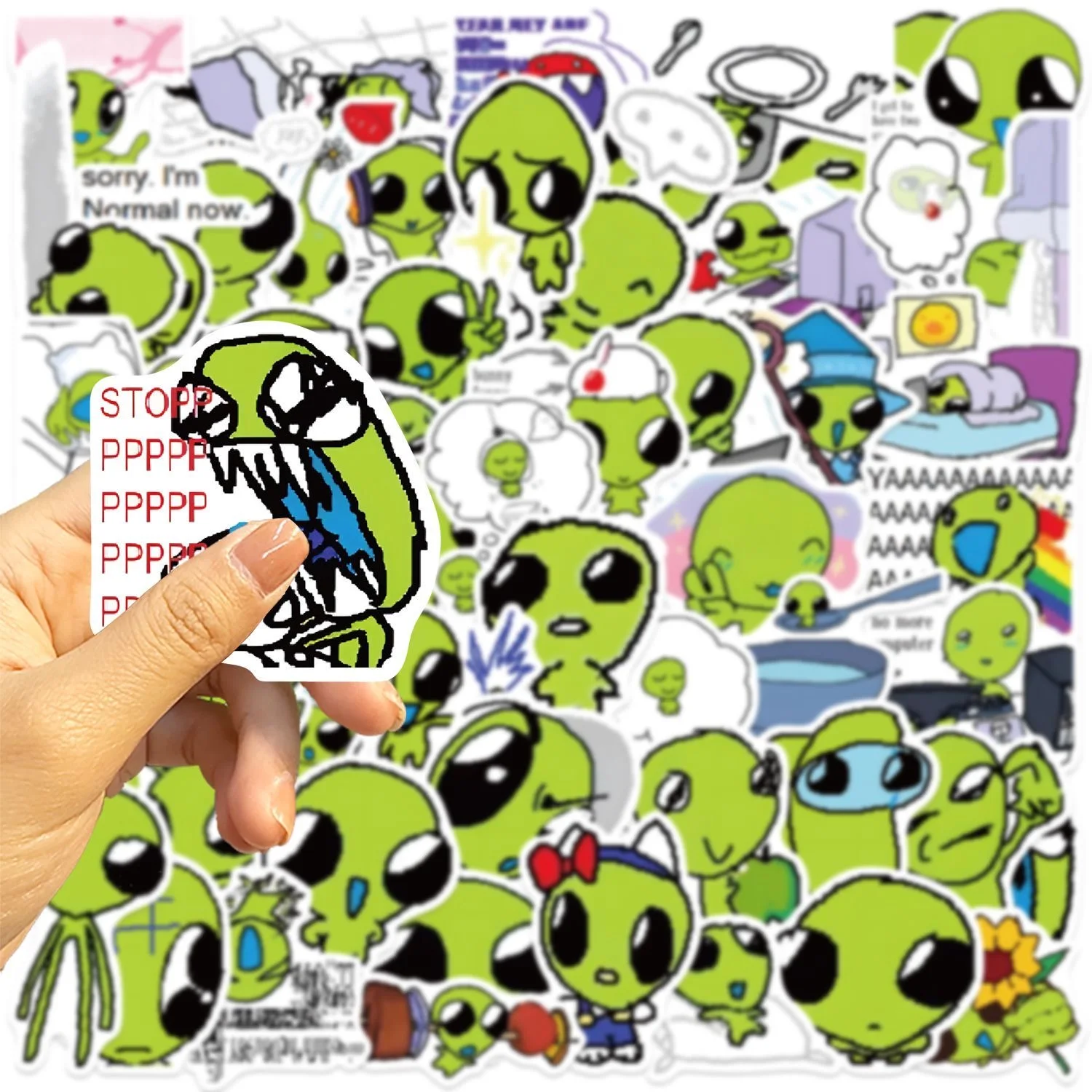 50Pcs Funny Green Alien Meme Stickers Y2K Abstract Cartoon Pixel Art Decals for Laptop Phone Case Journal Skateboard Bottle