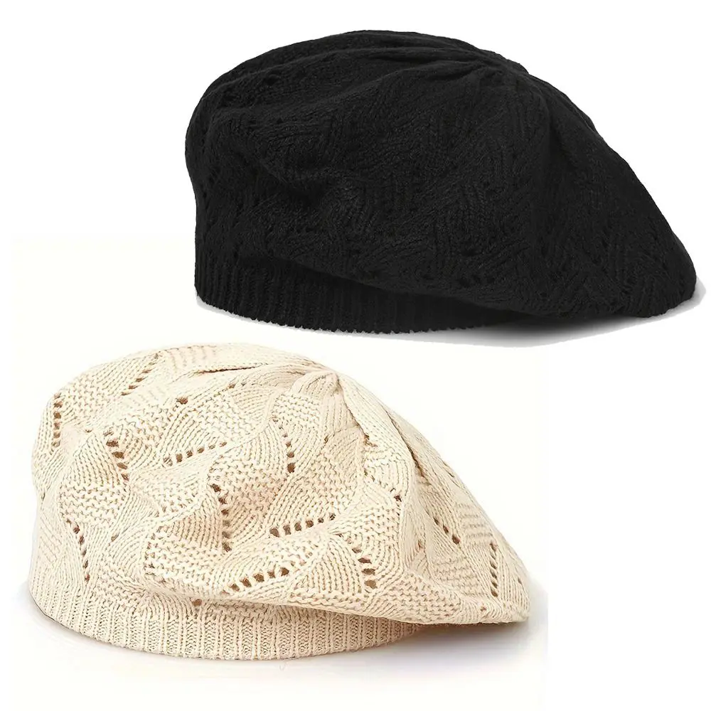 Nowa wiosna/lato/jesień kobiety dzianinowy beret kapelusz zwykły kolor Hollow francuski artysta czapka z pałąkiem na głowę cienkie akrylowe berety Outdoor